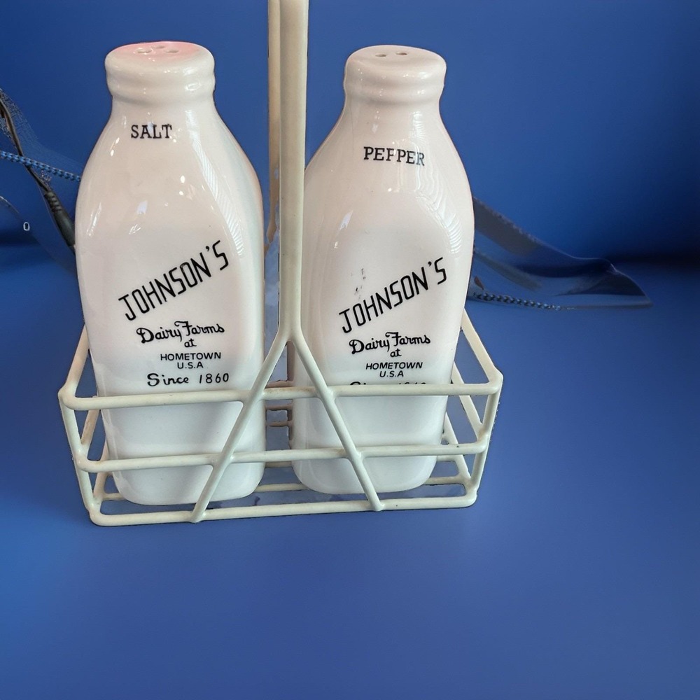 Vintage Johnsons Dairy Farm Since 1860 Salt And Pepper Shakers With White Holder